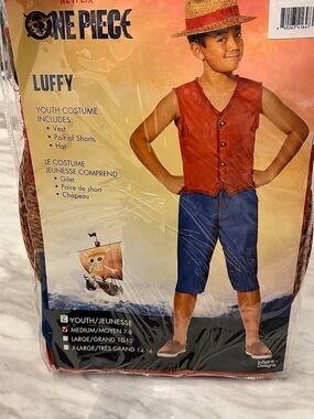 Netflix One Piece Luffy Costume Youth Medium 7-8 Anime Halloween InSpirit 3 Piec